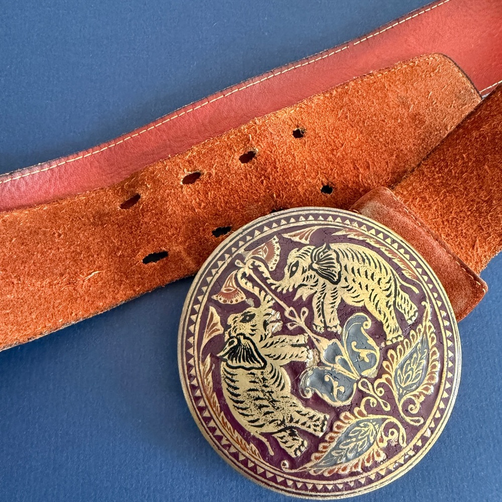 Vintage Red Leather Belt with Elephant Design